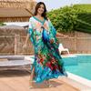 2024 Шикарное красивое длинное платье с принтом павлина для отпуска в стиле бохо с V-образным вырезом и рукавами «летучая мышь» Плюс Размер Кафтан Женский сексуальный пляжный купальник прикрыть