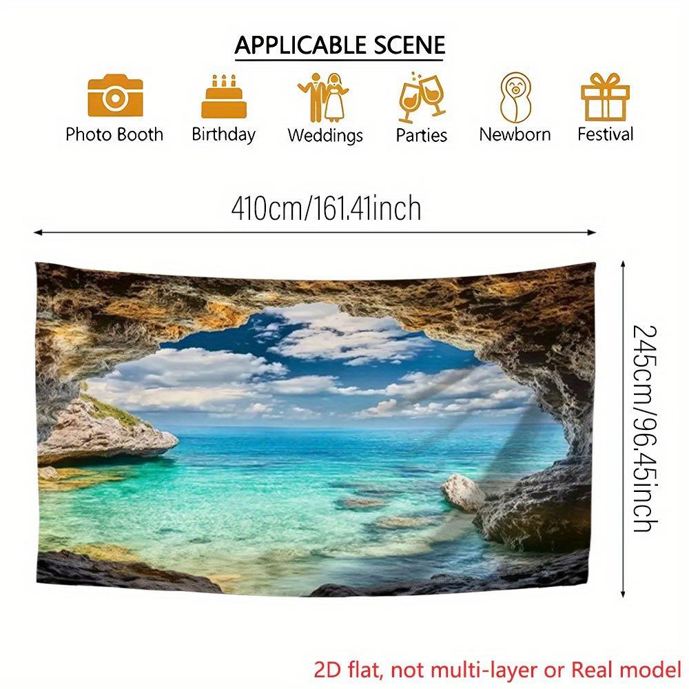 A super-large garage backdrop featuring a cave and a blue ocean sky landscape.