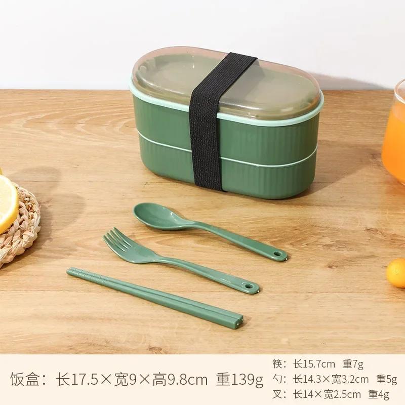 Двухслойный портативный ланч-бокс с вилкой и ложкой, микроволновая печь, бенто-боксы, набор столовых приборов, контейнер для хранения продуктов