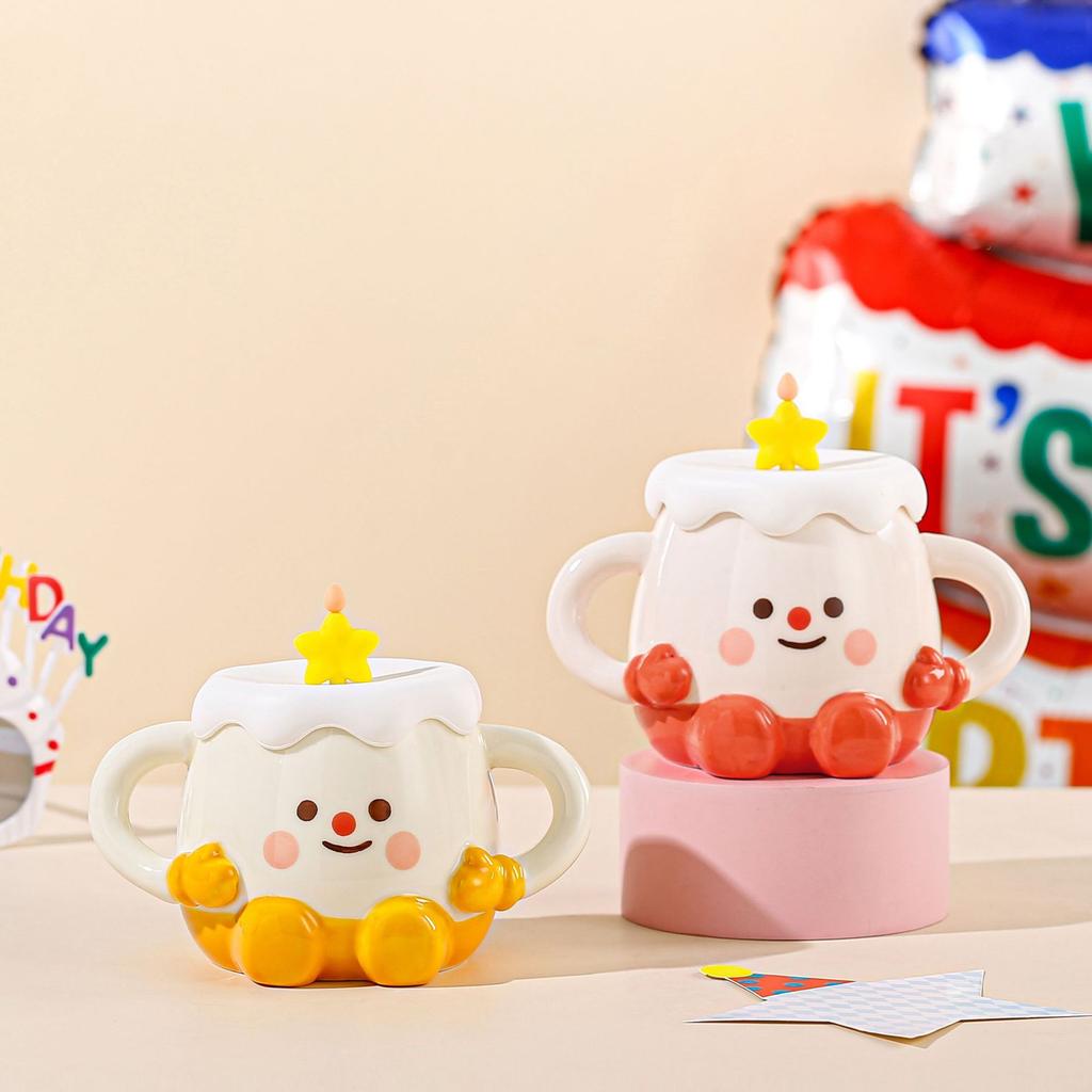 Cute Cake Cup with Lid Cartoon Smiling Face Mug Large Capacity High Temperature Resistant Household Set Water Cup Small Gift
