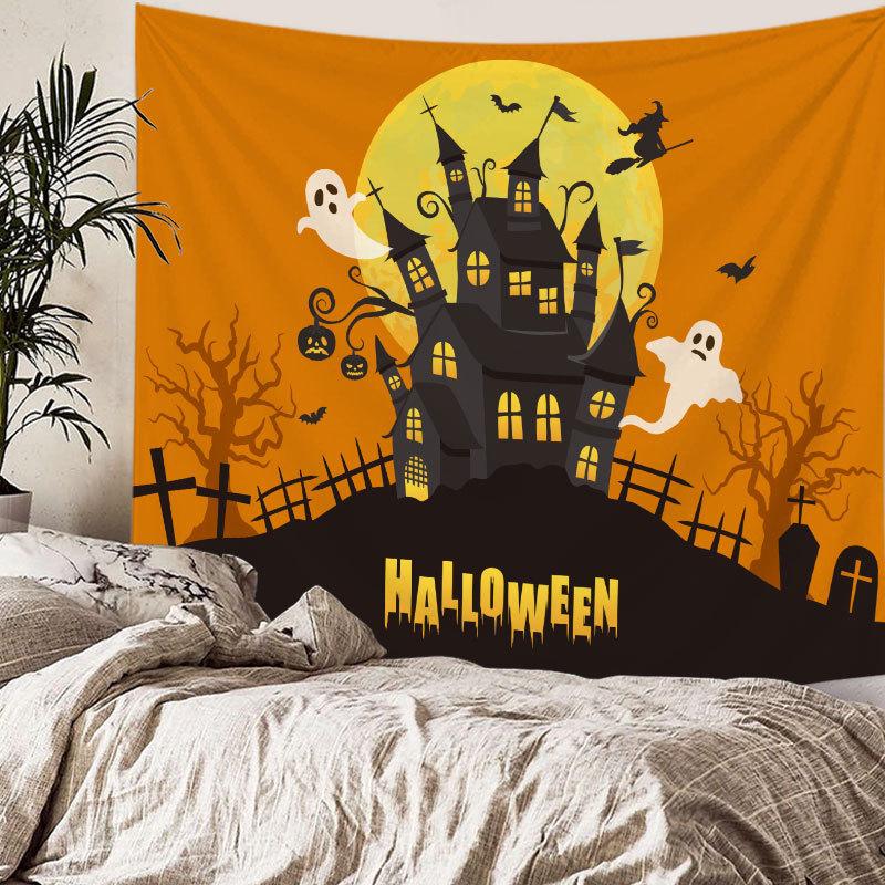 Home bedside room decoration Halloween tapestry, witch skull ghost print hanging cloth, background wall covering