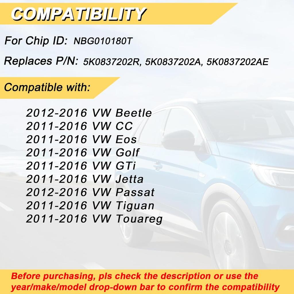 Key Fob Replacement for 2011-2016 VW Tiguan Golf CC Eos GTI Jetta Touareg/12-16 Passat Beetle Car Keyless Entry Remote Control, NBG010180T, 4 Buttons