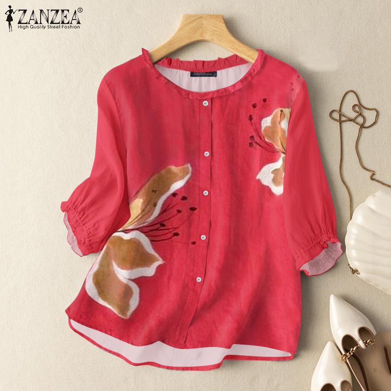 ZANZEA Women Casual O-neck Printing 3/4 Sleeve Blouse