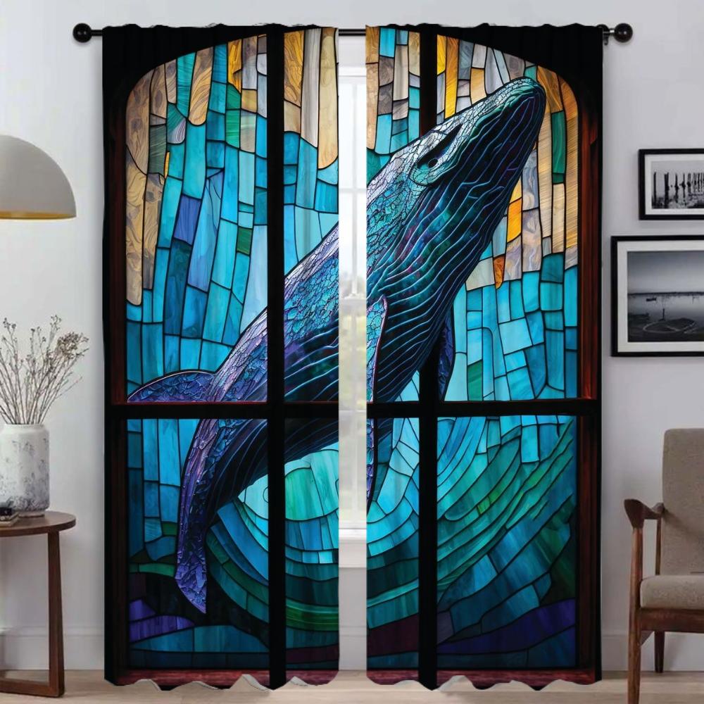 Modern Living Room Curtains for Camera Stained Glass Sealife Blackout Curtain Tulle for Bedroom Halloween Decoration Shades Home