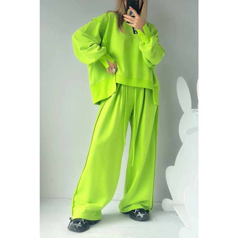 New Autumn and Winter Women's Fashion Casual Set Solid Color Long-sleeved Shirt Long Pants and Round Neck Two-piece Set
