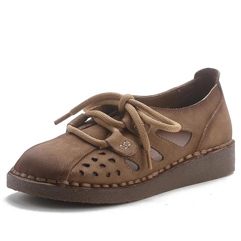 Fashion Cow Genuine Leather Soft Soled Hollow Sandals for Women Retro Casual Women Shoes Comfy Retro Wide Toe Thick Soled Women's Shoes