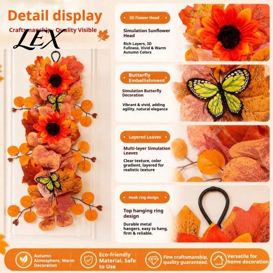 Lifelike Butterfly Leaf Wreath Artificial Fall Sunflower Wall Hanging, Maple Garland with Butterfly, Autumn Realistic Floral Harvest for Indoor