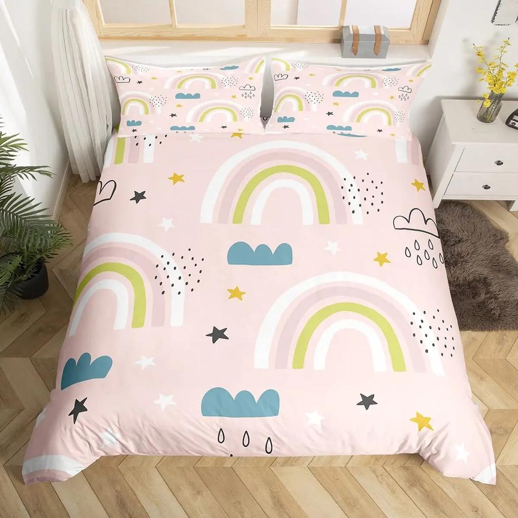 Red Valentine'S Day Rainbow Duvet Cover Twin Size,Cartoon Love Heart Bedding Set For Girls Women Moon Leaves Comforter Cover