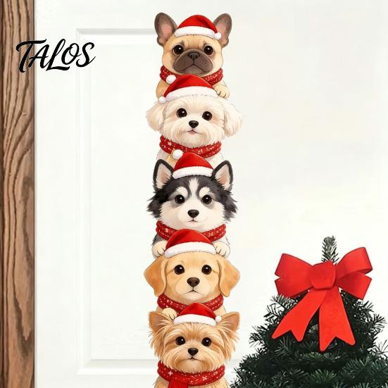 Christmas Wall Decals Puppy Stickers, Removable Self-adhesive Dog for Walls Doors, PVC Stacked Puppies Festive Indoor Murals Art Decor with Santa Hats