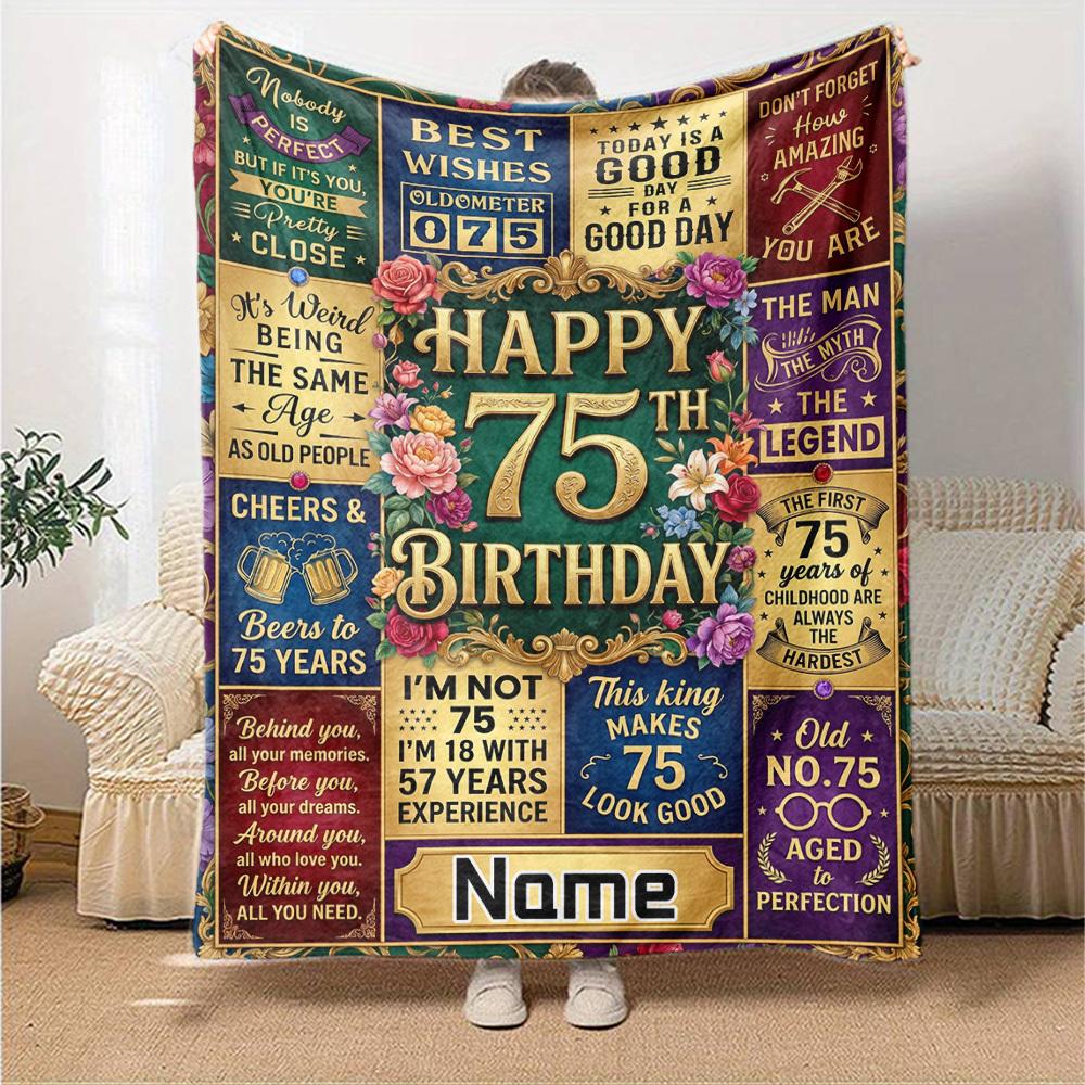 Happy 75Th Birthday Celebration Blanket Personalized Name Soft Warm And Versatile For Sofa Bed Office And Travel Machine Washable Comfortable In All