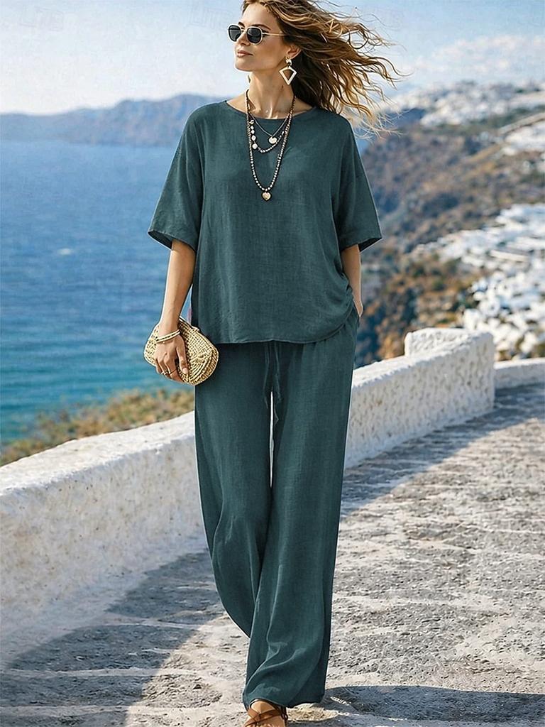 European and American 1-piece set 1116 summer casual drawstring pocket set half-sleeved crew neck top wide-leg pants set