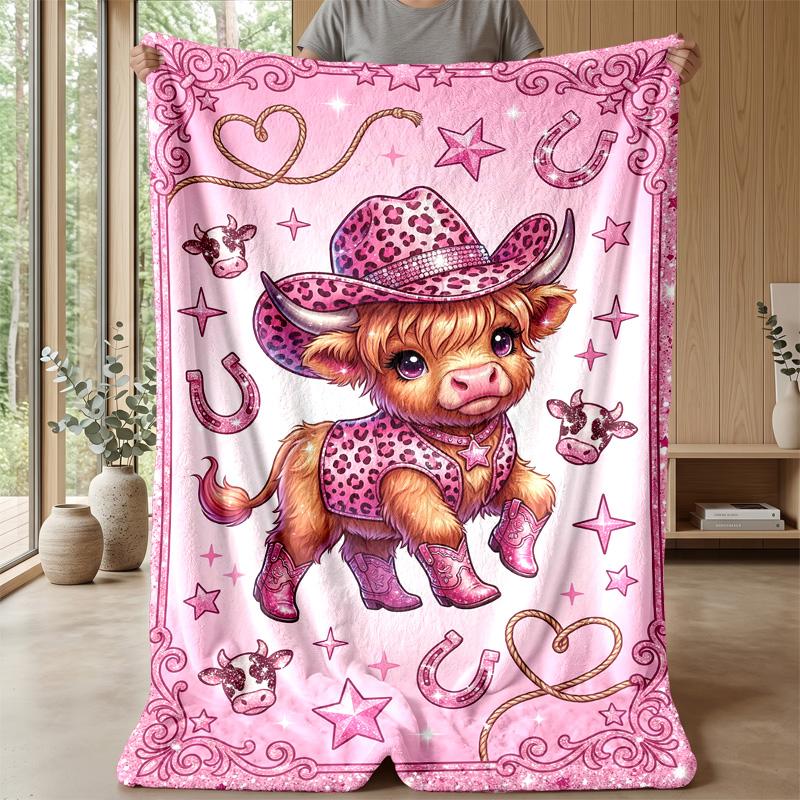 Pink Cow with Strawberry Ice Cream Theme blanket Lightweight Warm Flannel Blanket Decorative Throw Blanket for Home Decoration