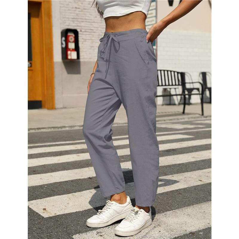 Casual Cotton Linen Drawstring Trousers For Women Comfortable Elastic Waist Long Pants Fashionable Lightweight Ladies Bottoms