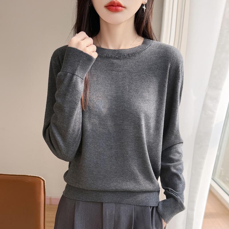 Women S Crew Neck Long Sleeve Loose Knit Sweater With Rhinestone