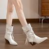 Fashion Autumn New Western Cowboy Boots for Women Tasseled Hemp Rope Pointed Toe Fashion Shoes Chunky Heeled Stacked Mid-calf Boots