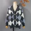 Casual Plaid V Neck Knitted Cardigan Jacket Women 2023 Winter Vintage Argyle Loose Sweater Women Long Sleeve Cardigans  28889