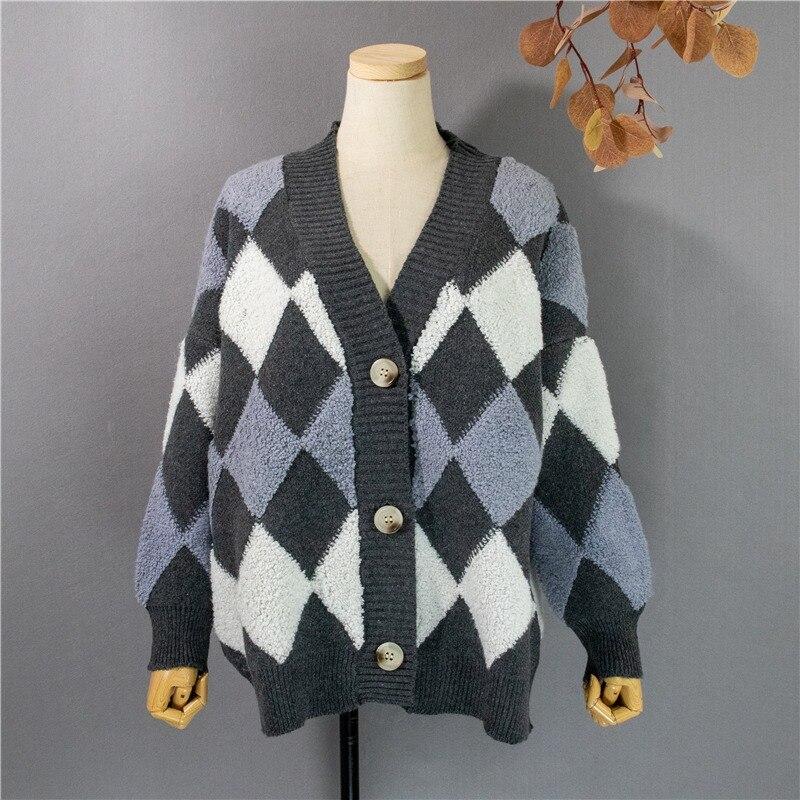 Casual Plaid V Neck Knitted Cardigan Jacket Women 2023 Winter Vintage Argyle Loose Sweater Women Long Sleeve Cardigans 28889