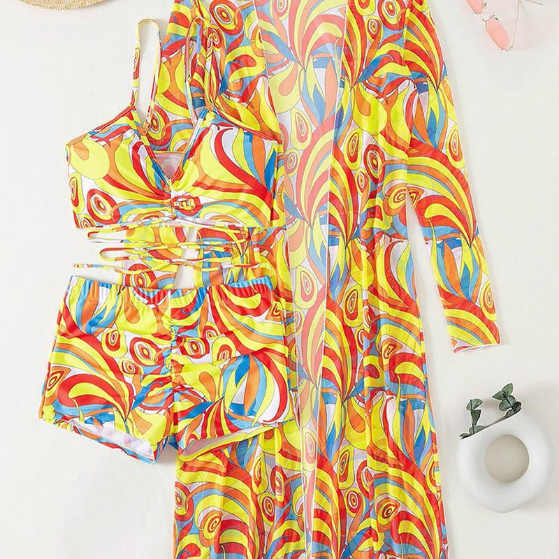 Женский купальник с высокой талией, комплект бикини из трех частей, женский купальник с длинными рукавами, пляжные купальные костюмы