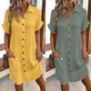 Летнее женское платье с отложным воротником, однобортное, свободное, с короткими рукавами, свободное, однотонное, с накладным карманом, длиной до колена, для отдыха, миди-платье