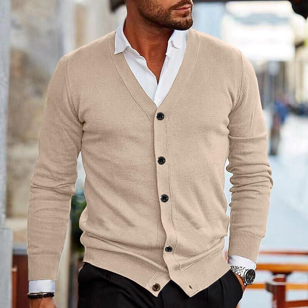 Мужская повседневная трикотажная приталенная рубашка-куртка с V-образным вырезом