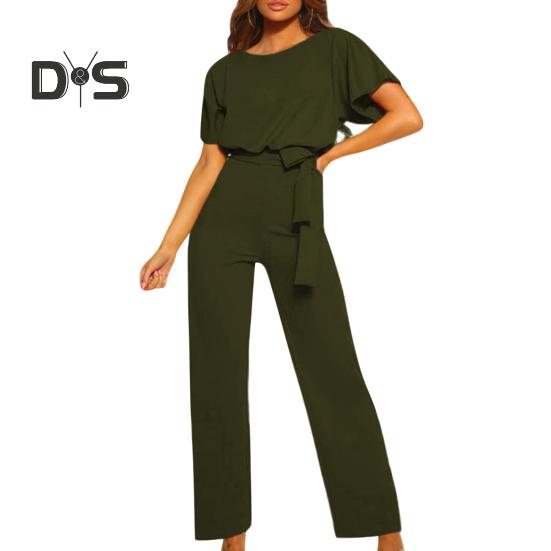 Женский комбинезон с поясом на шнуровке, широкие штанины, короткие рукава, однотонный цвет, О-образный вырез, высокая талия, повседневный деловой длинный комбинезон
