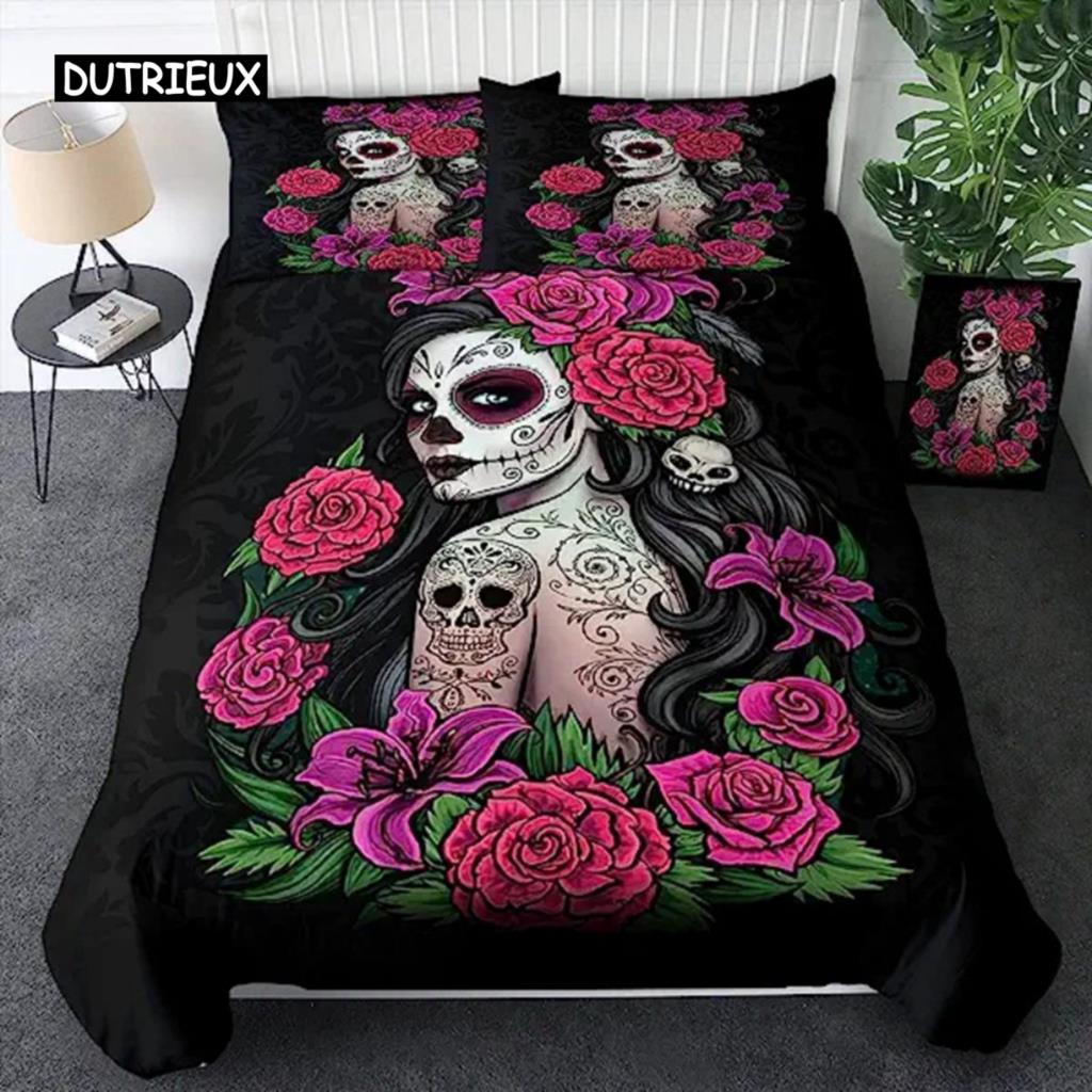 Sugar Skull Duvet Cover Teen Girl Bedding Set Sugar Skull Decor Bedding Skull Skeleton Roses Floral Print Duvet Cover Decorative