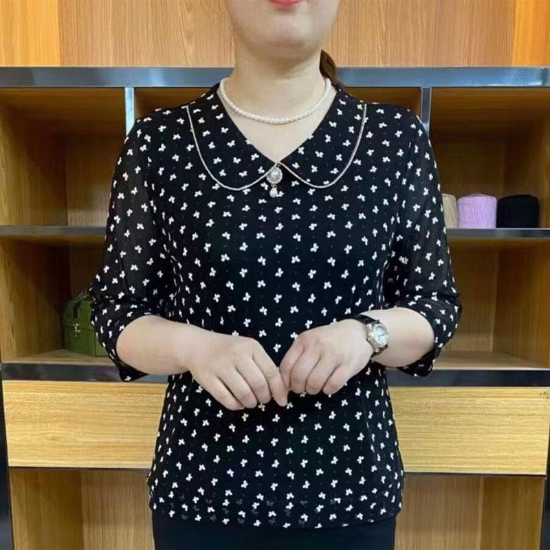 Female Clothing Peter Pan Collar Blouse Printed Spring Summer Basic 3/4 Sleeve Stylish Pearl Three-dimensional Decoration Shirt