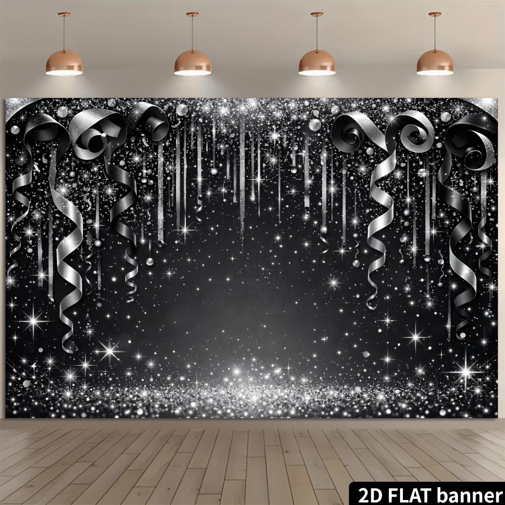 2D flat black silver glitter party banner background. Black silver theme suitable for indoor and outdoor events of all kinds.