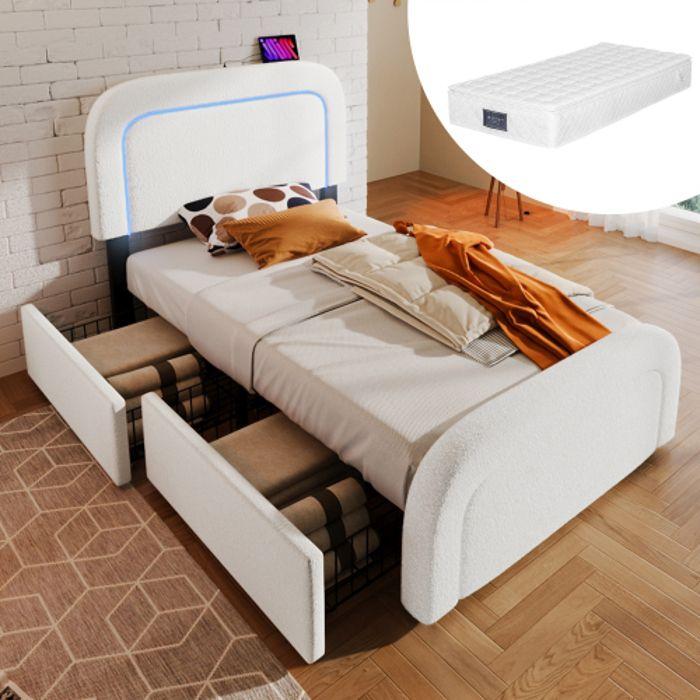 Cadre de lit - MUVOE - 90x200 cm - USB Type C - Éclairage LED - 2 tiroirs