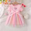 Girls Star Tulle Dress,Pink bow print, Cute Princess Party Dress with Bow, Short Sleeve Summer Dress for Little Girls