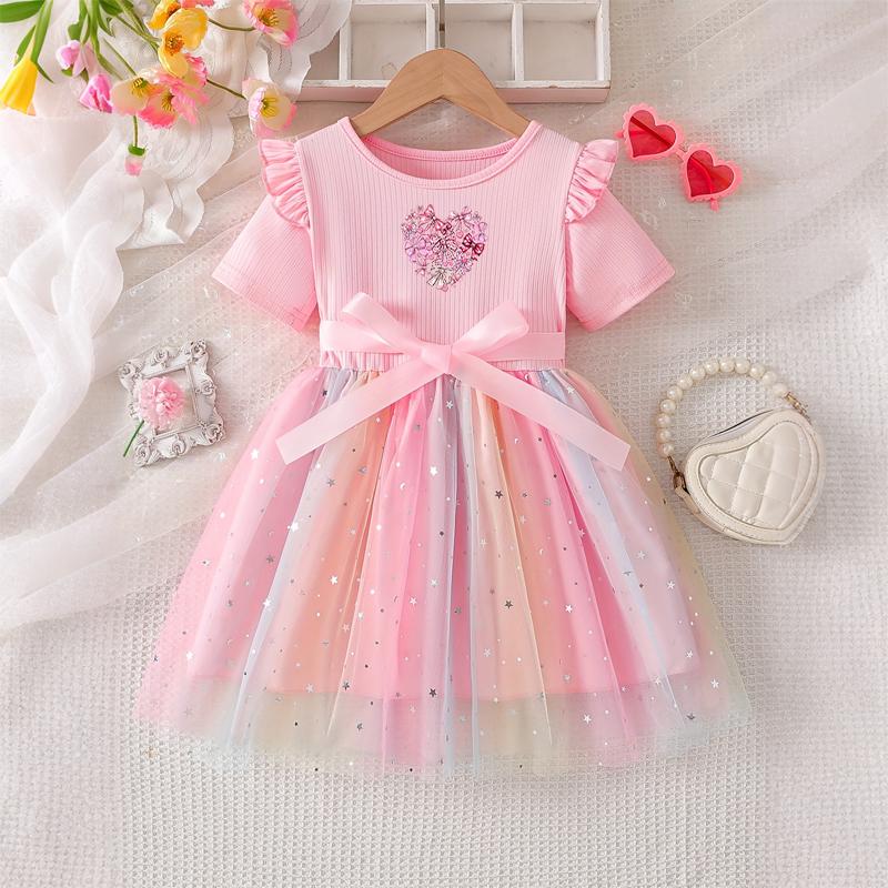 Girls Star Tulle Dress,Pink bow print, Cute Princess Party Dress with Bow, Short Sleeve Summer Dress for Little Girls