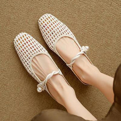 Микрофибра Мюли Плетение Лето Размер 41 Низкий каблук Жемчужная отделка Вечерняя обувь Женщины Квадратный носок Гладиатор Полые туфли-лодочки