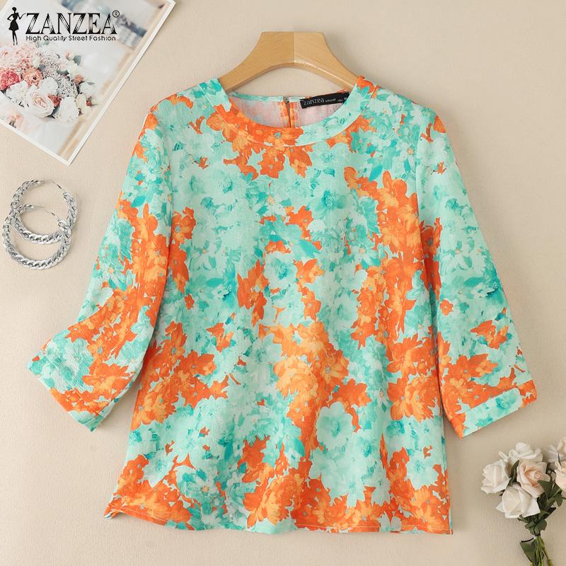 ZANZEA Женская летняя повседневная блузка с круглым вырезом и рукавом 3/4 с принтом