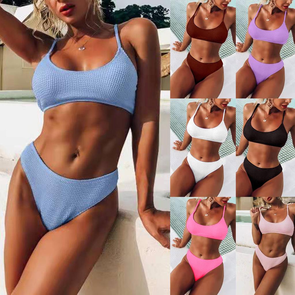 Women's Summer Fashion Sexy Solid Color  Waist Split  Strap Bikini Swimsuit Set
