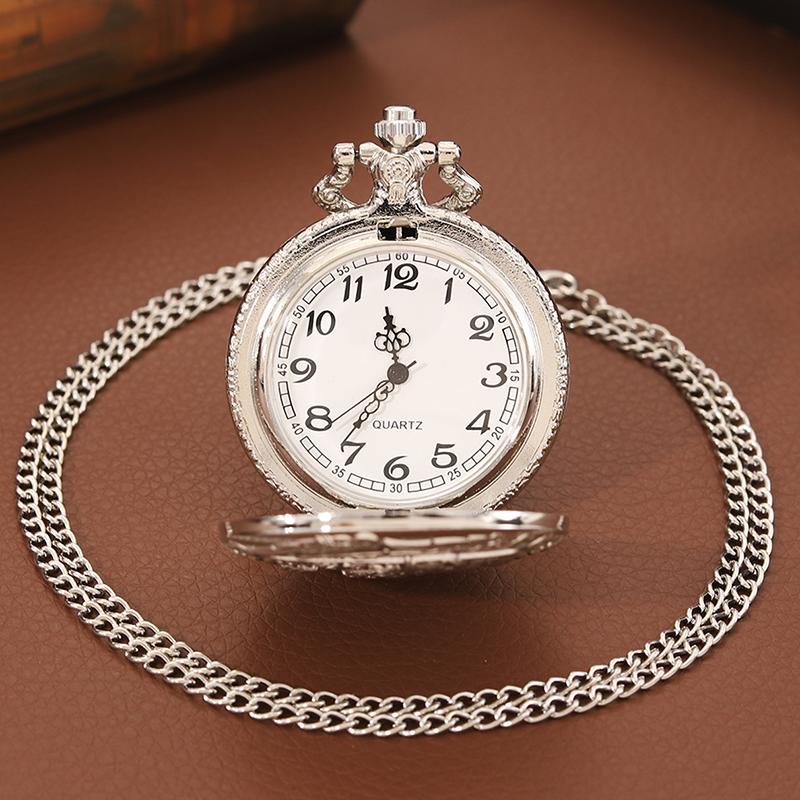 Classic Vintage Silvery Wolf Pocket Watch with Necklace Chain Cool Pendant Clock Gift for Women Men