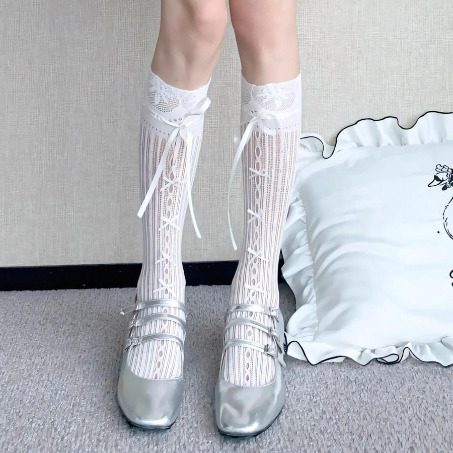 Сладкие балетные носки для девочек с кружевом и бантом из ленты – Белые в сетку