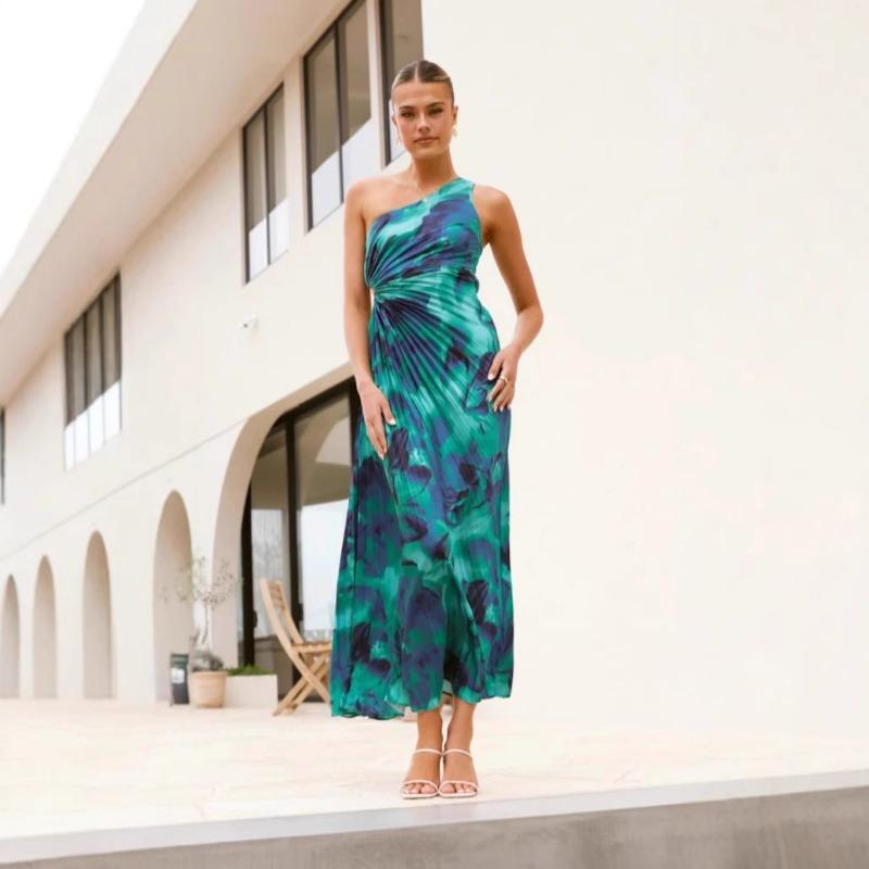 Women's Sexy Slant Shoulder Sleeveless One-shoulder Printed Pleated Dress