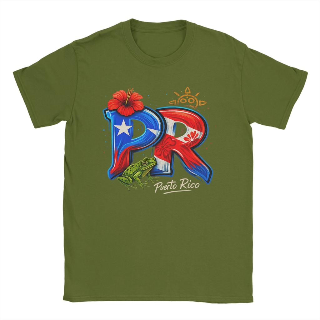 Men's Puerto Rico PR Hibiscus Coqui Frog T Shirt 100% Cotton Tops Vintage Short Sleeve Crew Neck Tees Graphic T-Shirts