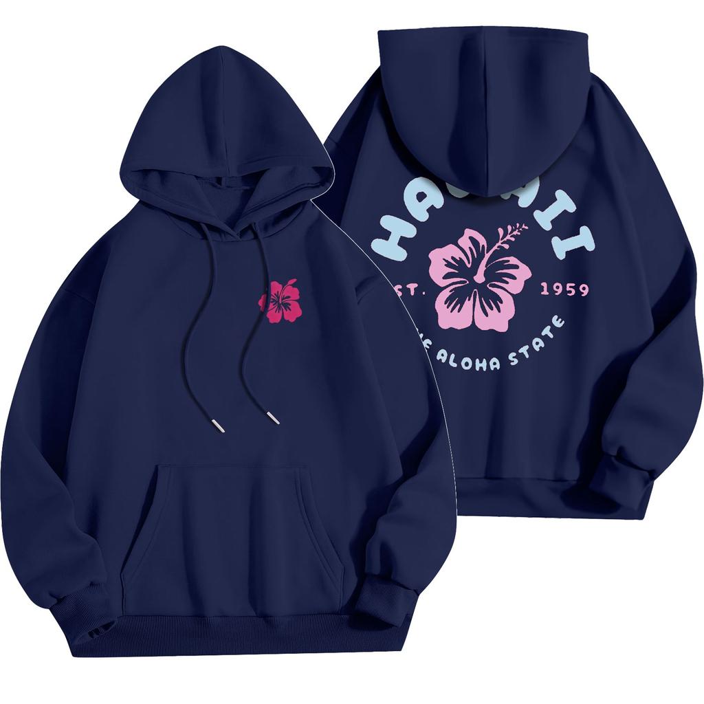 Women's Fashion Lightweight Long Sleeve Pullover With Pockets Flowers Print Hoodie