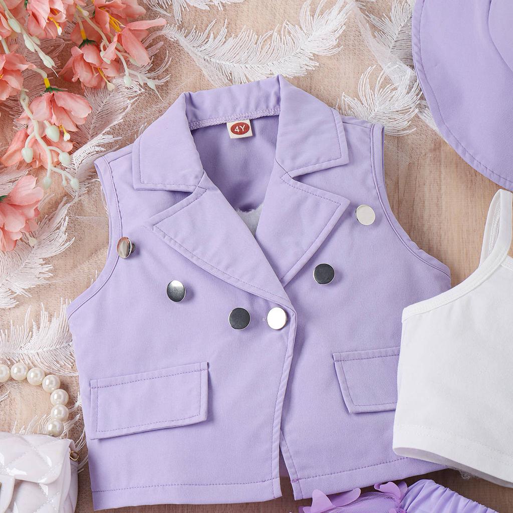 Элегантный модный костюм для девочек, летний детский костюм с жилетом и лацканами в виде бабочки, газовая юбка и шляпа