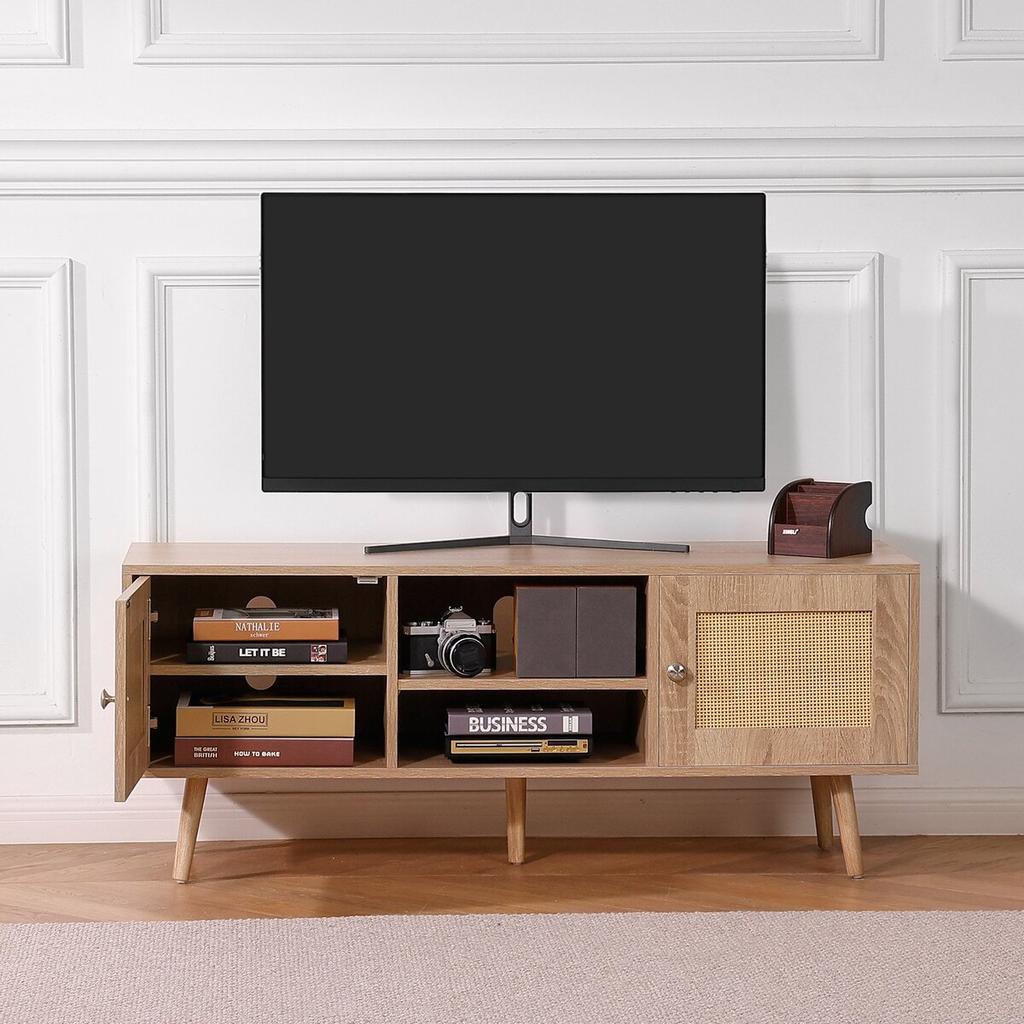 Rattan TV Stand, Boho TV Cabinet for 55 inch TV, Mid Century Modern TV Stand, Rattan TV Console with Adjustable Shelfs for Living Room, Media Room,