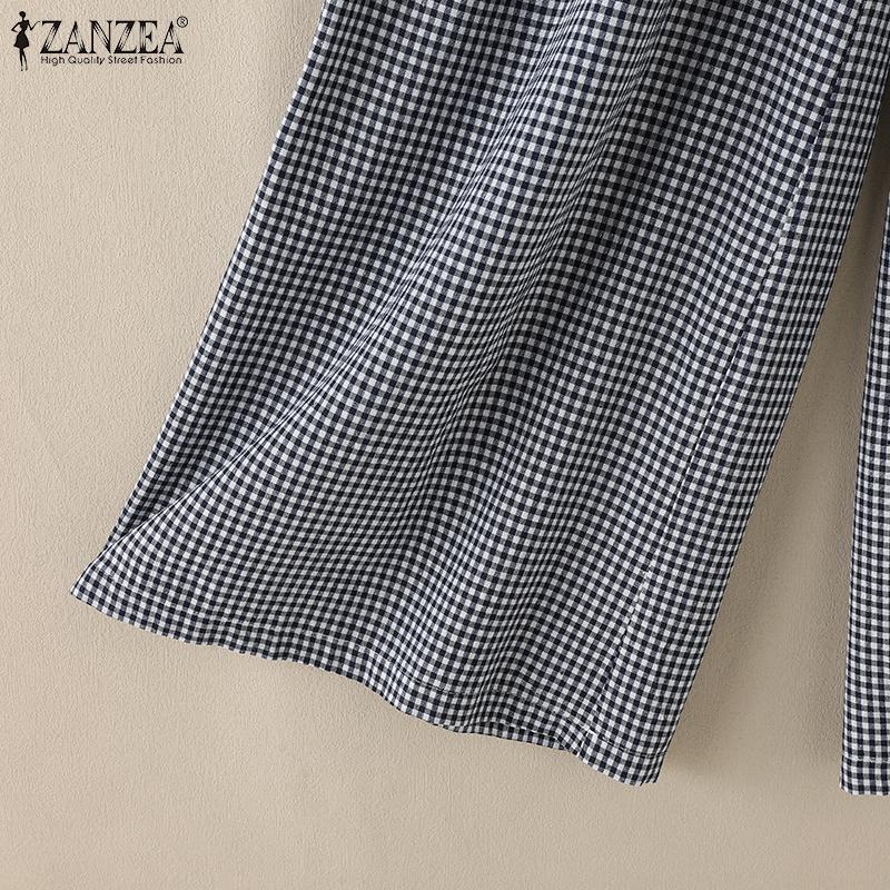 ZANZEA Женские повседневные брюки с эластичной резинкой на талии, свободные, клетчатые, широкие брюки