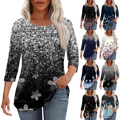 Женская мода круглый вырез шея плиссированная передняя планка с принтом рукав 3/4 топ