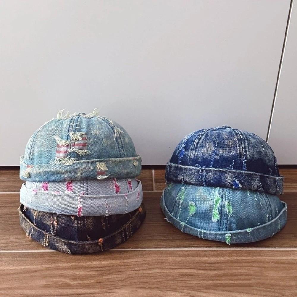 Cotton Polyester Blend Brimless Beanie Frayed Edges Distressed Denim Hat Brimless Cap Men Women
