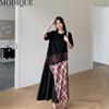 MODIQUE Summer Plus Size New Women Loose Patchwork A-Line Lace Printing Plaid Long Dresses Elegant Lady Casual Cotton O-Neck Short Sleeve Skirt