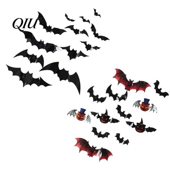 Bright Color Pumpkin Decal 12Pcs Bats Wall Decals, Halloween 3D Bat Stickers for Home Decor, Three-dimensional Decor 4 Size Waterproof Black