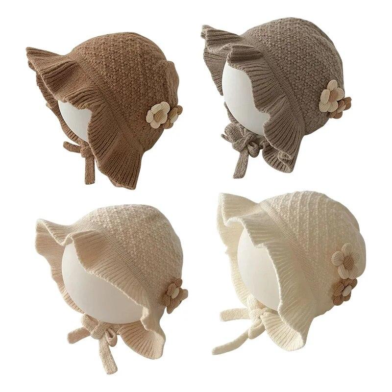 Baby Knitted Hat with Rope Retro Flower Beanie Cap for Girls Handmade Weave Infant Bonnet Winter Earflaps Caps Kids Accessories