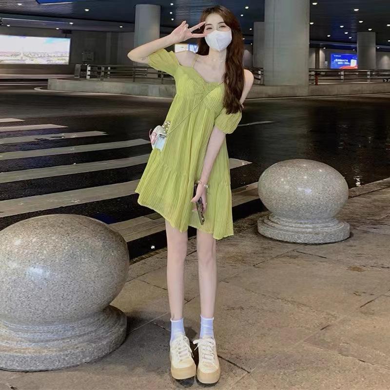 New solid color dress summer one-word neck bubble sleeve temperament fashionable and thin big swing skirt ins tide