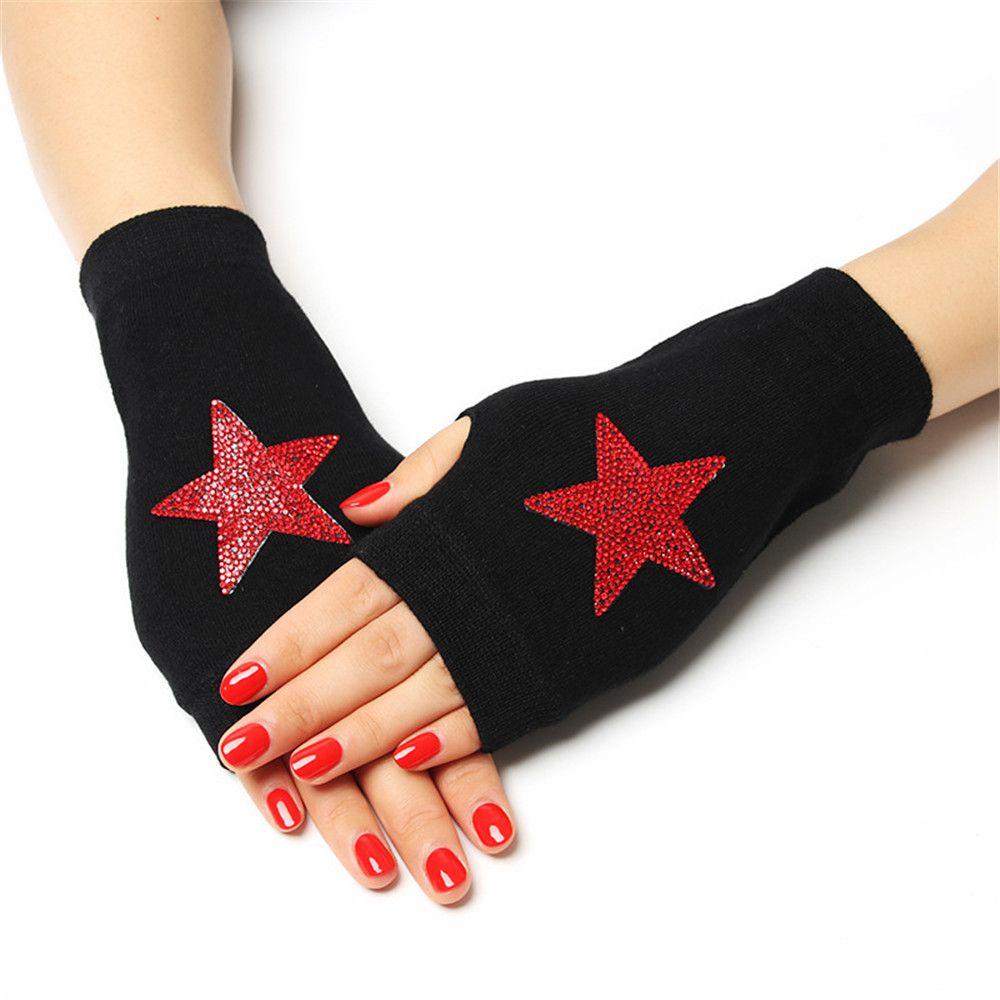 Rhinestone Knitted Black Half Finger Computer Mittens Fingerless Gloves Warm Gloves