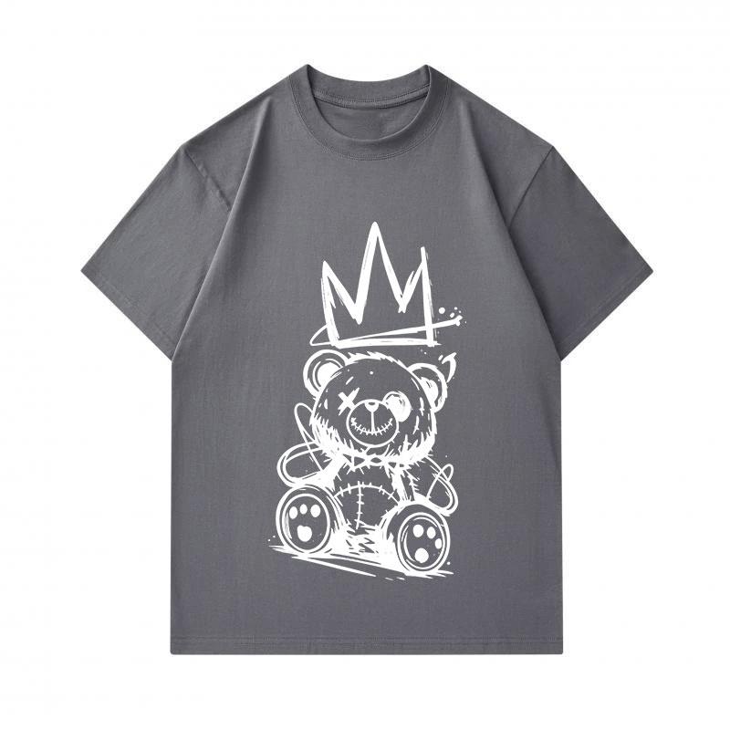 Men's 100% Cotton Crew Neck Short Sleeve T-Shirt, Hand Drawn Stitched Teddy Bear with Crown Print Casual Comfortable Streetwear Top for Daily Wear